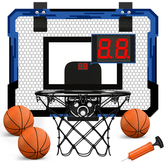 Mini Basketball Hoop with Electronic Scorer, Mini Hoop with 3 Balls/Inflator/Breakaway Rim, Basketball Toy Gifts for Kids and Adults, Suit for Indoor/Outdoor/Pool/Door, Blue